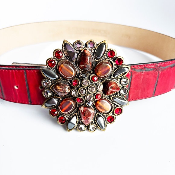 Leatherock Wide Belt Gem Embellished Buckle Red Croc Stamp Leather Strap Size 32 - Picture 3 of 11